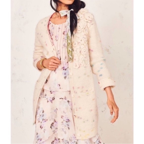LoveShackFancy Embellished Floral Knit Cardigan